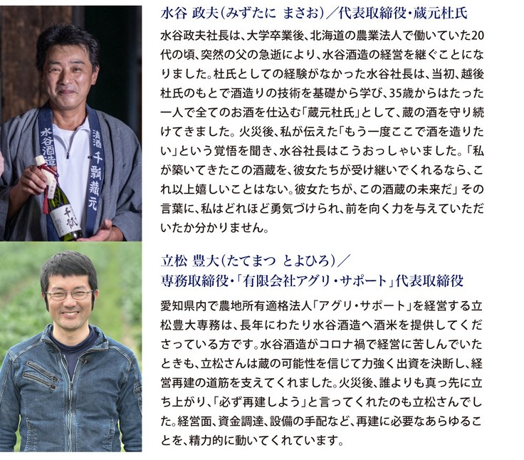 水谷酒造代表・水谷政夫氏と、支援者であるアグリ・サポート代表・立松豊大氏のプロフィール写真と紹介文