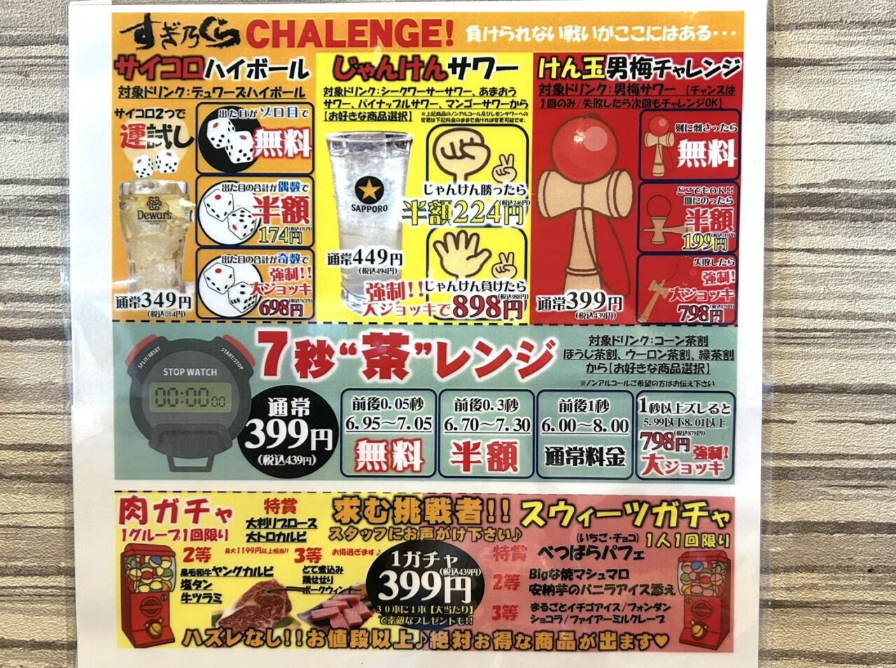 焼肉すぎ乃くら七宝本店のチャレンジ企画チラシ