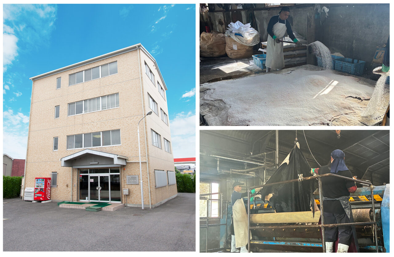 堀田万蔵商店の外観と革の防腐処理を行う作業風景