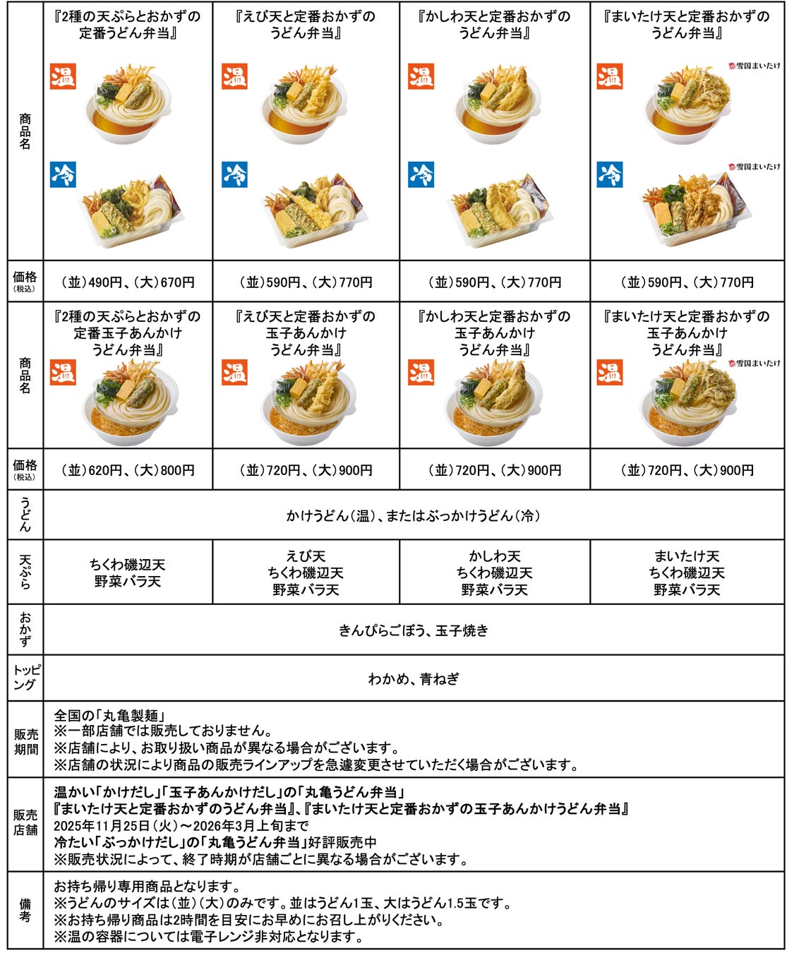 丸亀うどん弁当の商品一覧表と価格詳細
