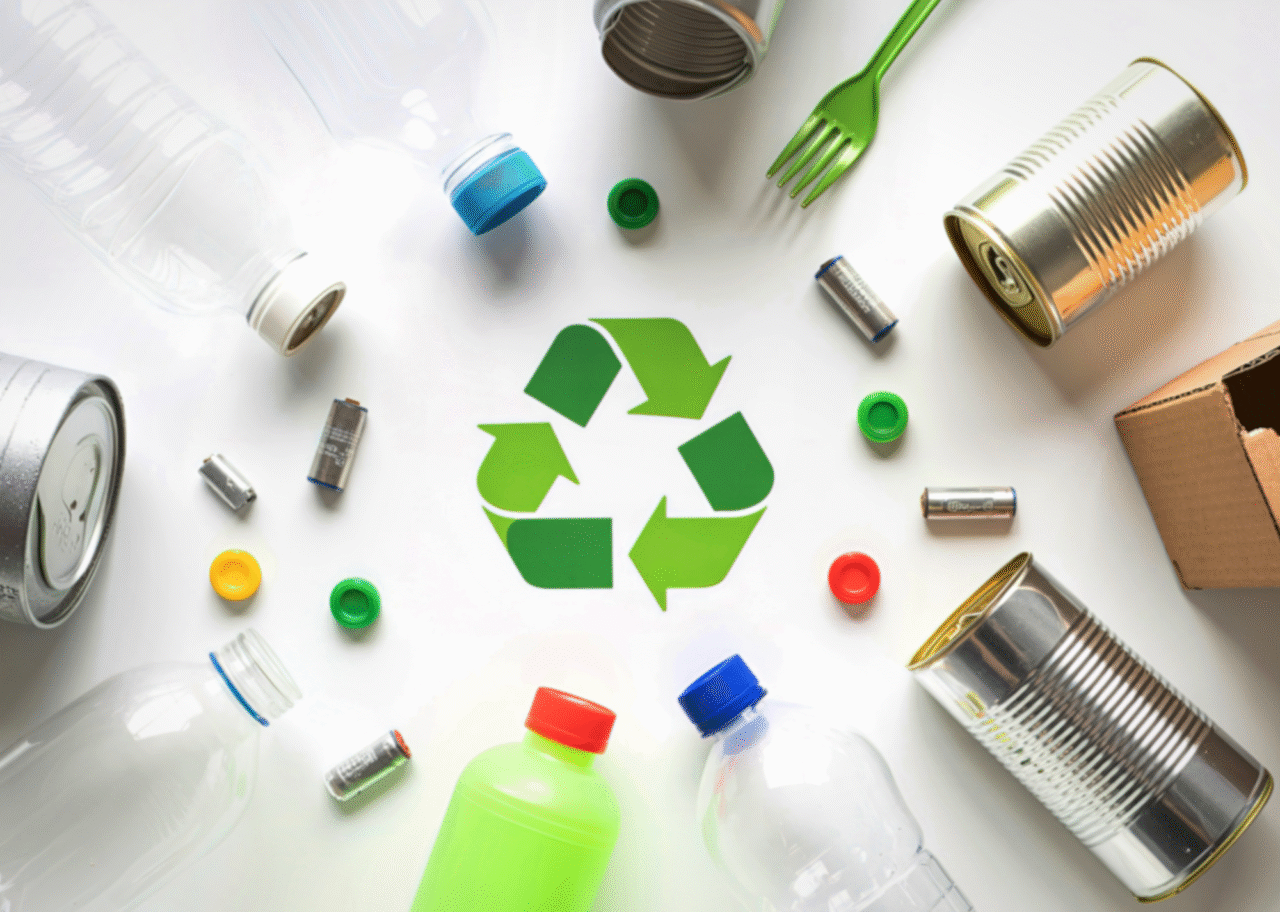 リサイクルマークを中心に資源ごみとして並べられたペットボトル、缶、乾電池、キャップ、ダンボールなどのイメージ画像