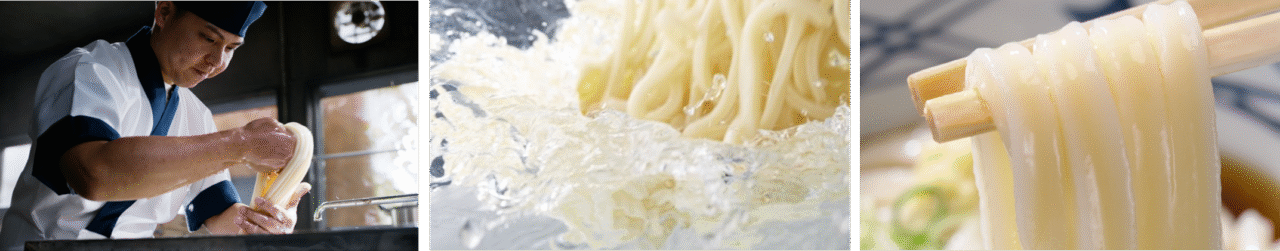 丸亀製麺の職人が手打ちでうどんをつくり、ゆで上げ、つややかに盛り付ける様子