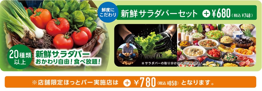 ブロンコビリーの新鮮サラダバーセット。20種類以上の野菜が食べ放題で楽しめるメニュー案内画像。