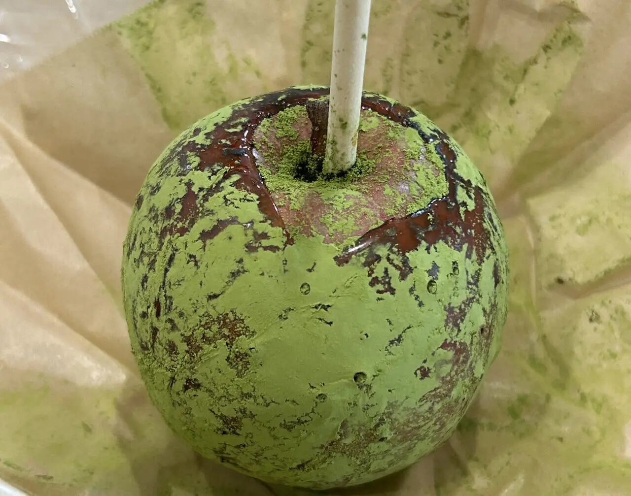 期間限定の抹茶りんご飴の全体の見た目