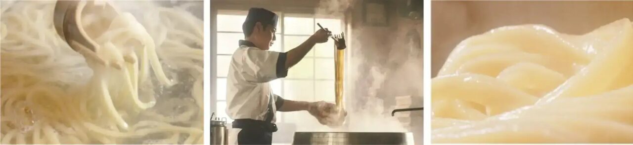 丸亀製麺でうどんが茹でられ、湯切りされる様子。職人が丁寧に仕上げる様子と、つややかな麺のアップ。