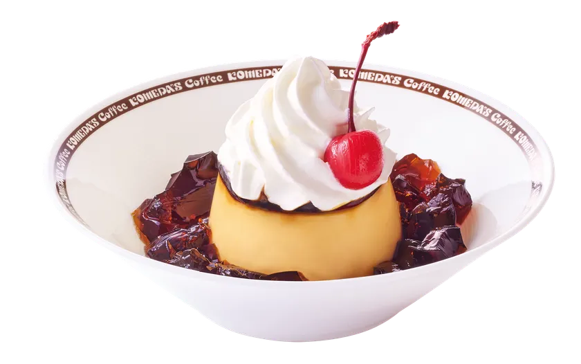 チェリーがアクセントの「珈琲所のプリン」盛り付け例