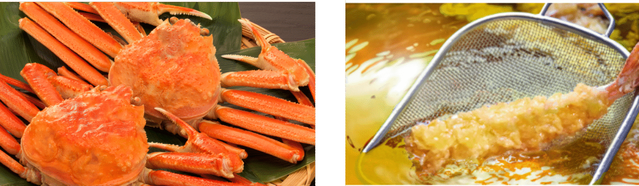 年明けうどんに使用される本ずわい蟹と大海老天の調理シーン