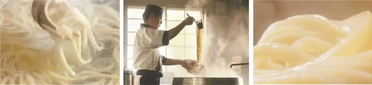 丸亀製麺の店内で国産小麦のうどんを茹で上げる職人と、釜から引き上げられた熱々の釜抜きうどんの様子