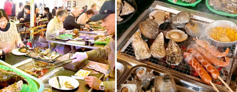 出張カキ小屋牡蠣奉行の炭火焼きスペースで調理される牡蠣と海産物
