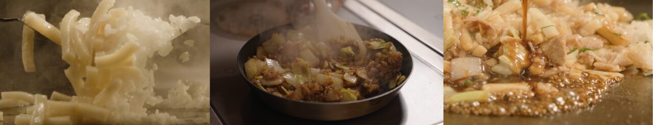 丸亀製麺の店内でグリルパンを使い香ばしく調理される丸亀うどんメシ