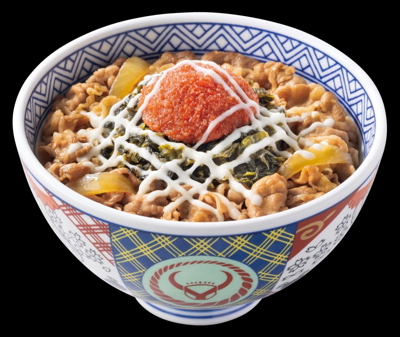 牛丼の上にたっぷりと明太高菜マヨをのせた盛り付けイメージ