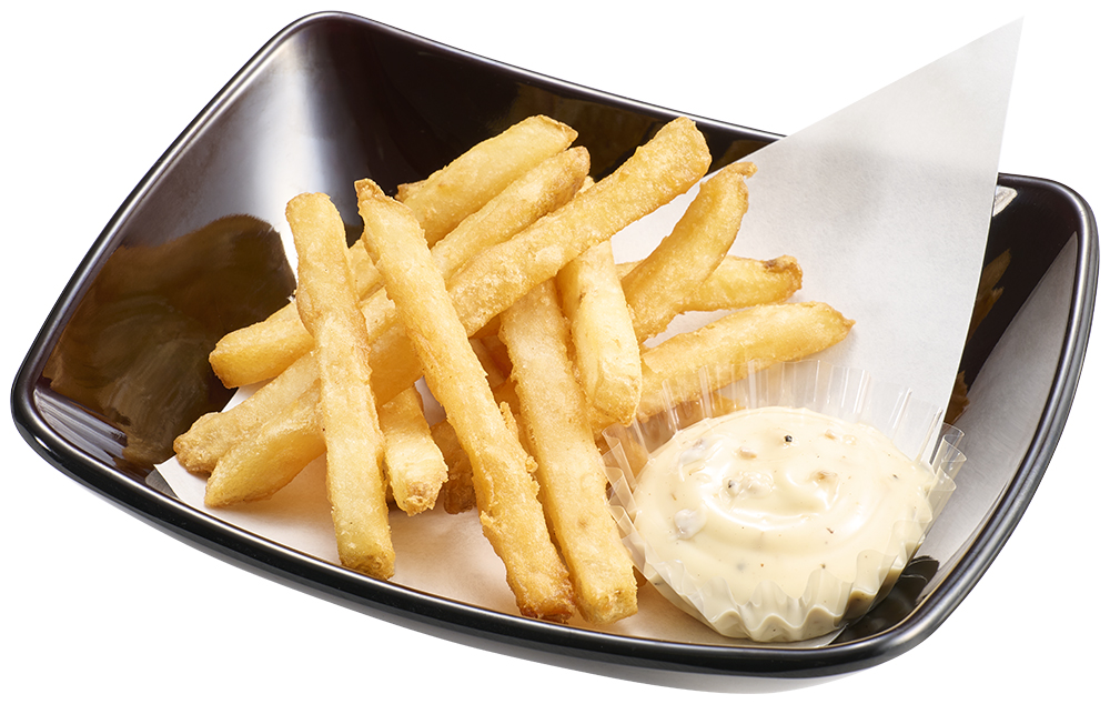 スシローで販売される「おたくのマヨ」をディップして食べるフライドポテト